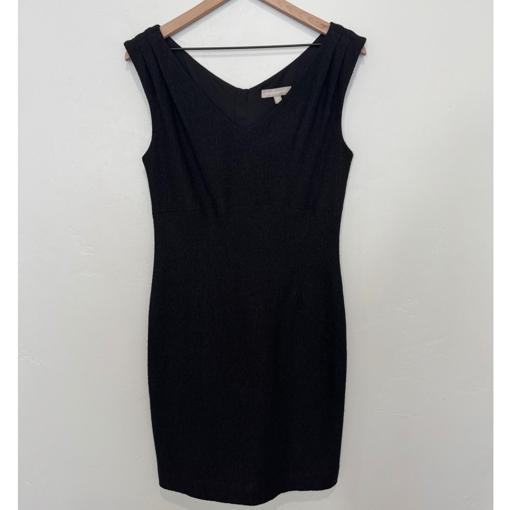 Banana Republic Black Wool Blend Sheath Dress V-Neck Pleated Shoulder 10 Office